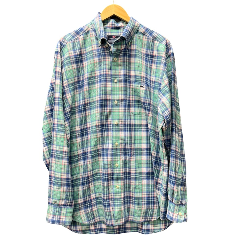 Vineyard Vines Button Down Mens XL Tucker Shirt Green Blue Plaid Preppy Coastal